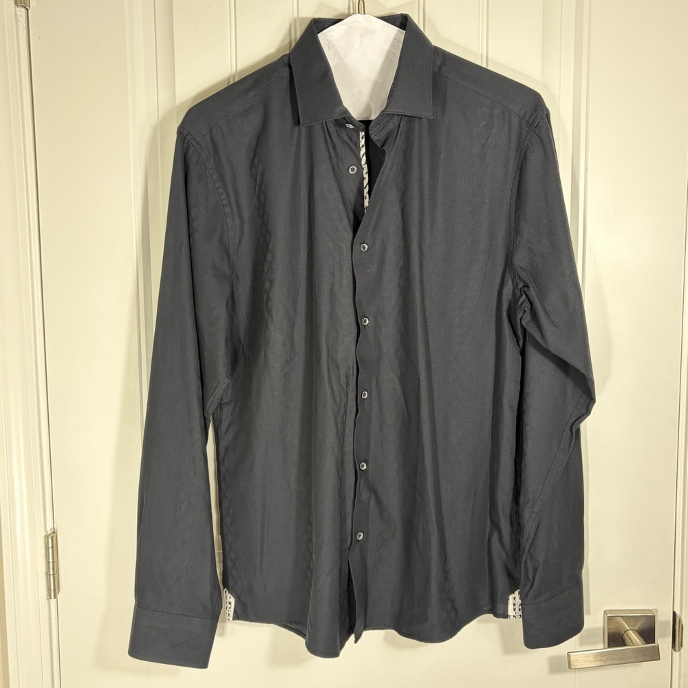 Avenue 21 Mens Black Jacquard Diamond Pattern Button Down Shirt Large Cotton
